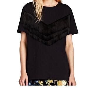 Zara Trafaluc Black Fringe T-Shirt Size S  Western Country Wear Cowgirlcore